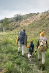 Back view of backpackers in warm casualwear and their pet moving down footpath