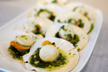 selective focus, Seared scallops shell with butter, garlic and parsley on white plate.