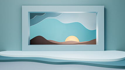 Abstract minimalist natural sunset or sunrise scenery through window conceptual 3D rendering illustration.