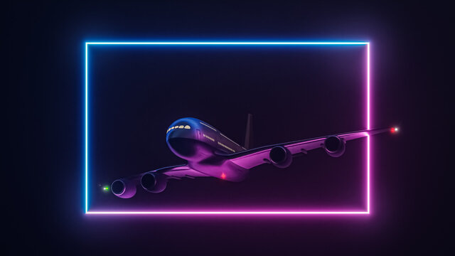 Abstract retro futuristic design with an airplane in glowing blue and violet rectangular neon light frame 3D rendering illustration.