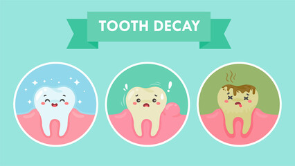 Cartoon teeth and gums inside the mouth are happy with the problem of tooth decay. There are plaque on the teeth.