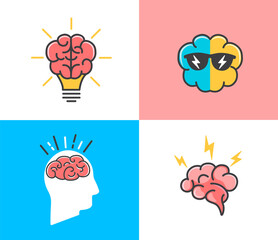 Set of different states of brain.Concepts of brainstorming,idea,creativity and new inspirration.Icons with brain,light bulb,sunglasses and lightning.Creative idea,mind,nonstandard thinking logo.Vector