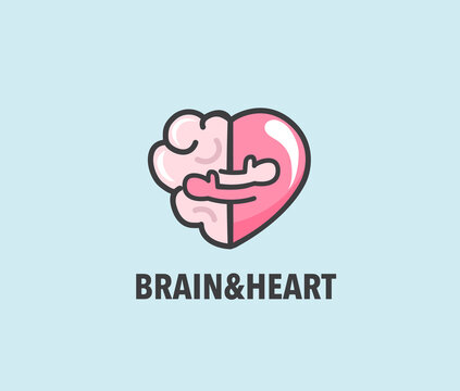 Halves of heart and brain that are hugging. Warm hugs of rational and emotion as symbol of health. Close embrace as physical and mental love logo. Banner, flyer, web poster. Vector illustration