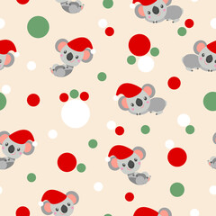 Seamless pattern with koala babies in red Christmas hats lying and smiling. Beige background. Pink, red and green confetti. Post cards, scrapbooking, textile, wallpaper and wrapping paper