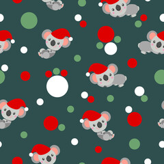Seamless pattern with koala babies in red Christmas hats lying and smiling. Tidewater Green background. Pink, red and green confetti. Post cards, scrapbooking, textile, wallpaper and wrapping paper