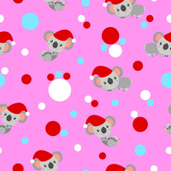 Seamless pattern with koala babies in red Christmas hats lying and smiling. Pink background. White, red and pastel blue confetti. Post cards, scrapbooking, textile, wallpaper and wrapping paper