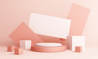 Abstract pink Composition with Podium. Minimal Studio with Round Pedestal and Copy Space , geometric shape pastel, 3d rendering