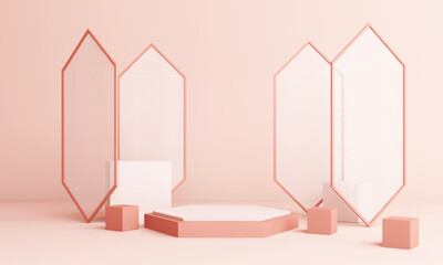 Abstract pink Composition with Podium. Minimal Studio with Round Pedestal and Copy Space , geometric shape pastel, 3d rendering