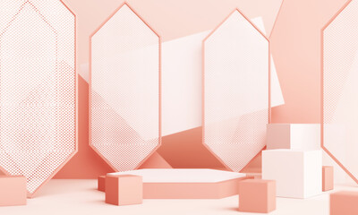 Abstract pink Composition with Podium. Minimal Studio with Round Pedestal and Copy Space , geometric shape pastel, 3d rendering