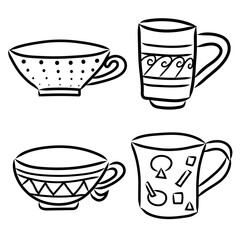 Cups line icon set. Hand drawn vector illustration set. Black outline. Coffee and tea cups doodle.