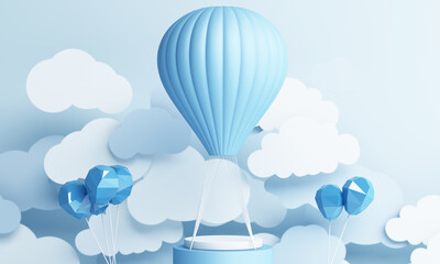 air balloon paper art style with blue pastel sky background 3d rendering