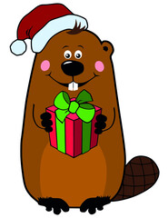 Funny cartoon Christmas beaver in Santa hat with gift box