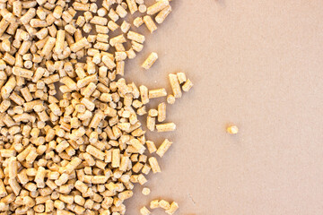 wooden pellets background, pattern. Wood pellets on a blank brown background, free copy space. flat lay