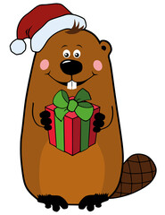 Funny cartoon Christmas beaver in Santa hat with gift box