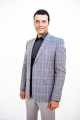 A man in a classic suit. Studio photo on a white background. Snapshot as for a catalog.