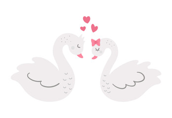 Vector cute swans pair. Loving couple illustration. Love relationship or family concept. Romantic birds isolated on white background. Funny Valentine’s day characters..