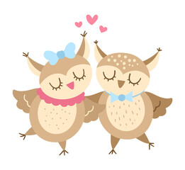 Vector cute owls pair. Loving couple illustration. Love relationship or family concept. Romantic birds isolated on white background. Funny Valentine’s day characters..