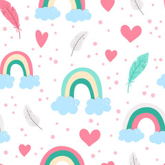 Vector seamless pattern with Saint Valentine’s day symbols. Repeating background with cute rainbows, hearts, feathers. Playful bohemian February holiday texture with love concept.