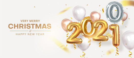 2020 rolling into 2021. Golden realistic balloons numbers with confetti. New Year. The balloons are flying. Horizontal banner. Vector 3d graphics