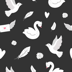 Obraz premium Vector seamless pattern with Saint Valentine’s day symbols. Repeating black and white background with cute letter, rose, hearts, feathers, doves, swans. Playful February holiday texture