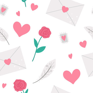 Vector seamless pattern with Saint Valentine’s day symbols. Repeating background with cute letter, rose, hearts, feathers. Playful February holiday texture with love concept.