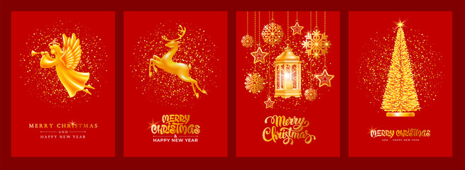 Merry Christmas and Happy New Year luxury greeting cards set with golden angel, reindeer, lantern and fir tree. Golden glittering dust and unusual lettering on red background for festive mood. Vector.