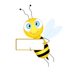 Cartoon cute bee mascot. Merry bee with an empty table. Small wasp. Vector character. Insect icon. Holiday template design for invitation, cards, wallpaper, school, kindergarten. Copy space.