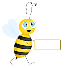 Cartoon cute bee mascot. Merry bee with an empty table. Small wasp. Vector character. Insect icon. Holiday template design for invitation, cards, wallpaper, school, kindergarten. Copy space.