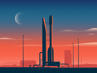 Vector illustration of a rocket spaceship at sunset preparing for launch © rikkyal