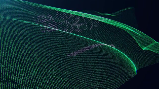 3d render. Saudi Arabia digital flag with binary code texture flies in the wind. Seamless loop.