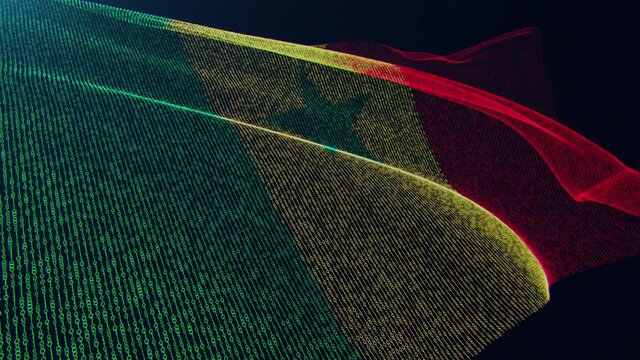 3d render. Senegal digital flag with binary code texture flies in the wind. Seamless loop.