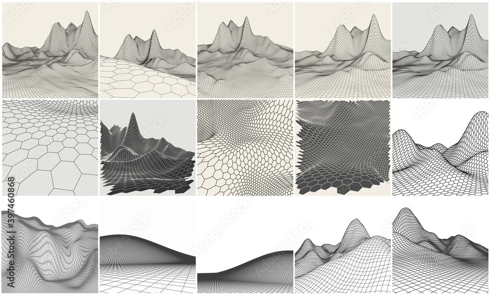 Poster wireframe landscape backgrounds set. eps 10 vector illustration. terrain digital topography wirefram
