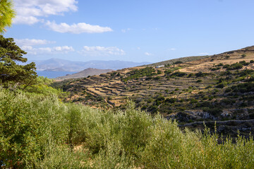 Picturesque landscape of Paros island. Naxos Island in background. Cyclades Islands, Greece