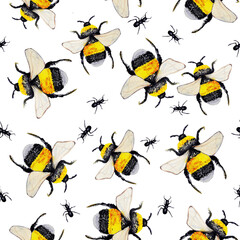 Watercolor seamless pattern of bee. 
