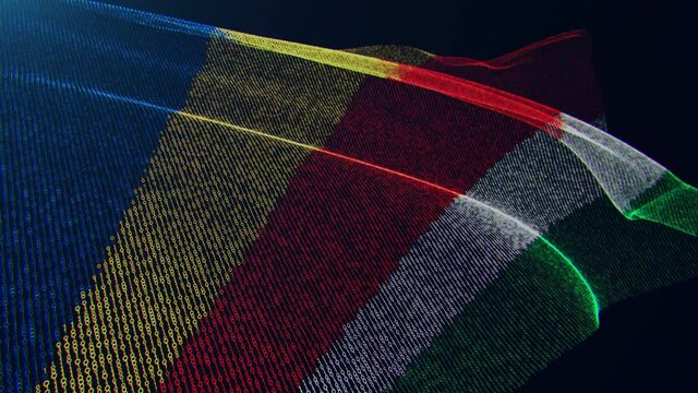 3d render. Seychelles digital flag with binary code texture flies in the wind. Seamless loop.