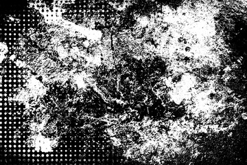 Grunge black and white. Monochrome texture of dirt, chips, and dust. Pattern of black scratches, scuffs on a white background. Abstract ink spot randomly arranged