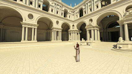 Egyptian queen illustrated in different perspectives and angles in the royal palace. 3d illustration, 3d rendering, 3d art.
