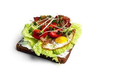 Bruschetta with vegetables and eggs on a white background. High quality photo