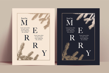 Christmas invitation or greeting card or menu cover template with trendy minimalistic typographic composition and golden frame and Christmas tree branch. Vector illustration