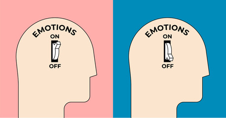 Emotions turn on and off. Emotional intelligence concept with human head silhouette with emotion on or off toggle switch inside. Minimalistic vector illustration.