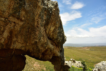 A huge rock shaped like an elephant against a green flied, blue sky and clouds
