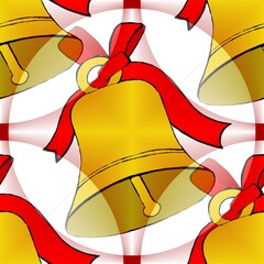 Seamless pattern with festive gold bells and red ribbon for holiday