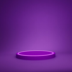 Blank product stand with neon lights on dark room background. 3d rendering illustration 
