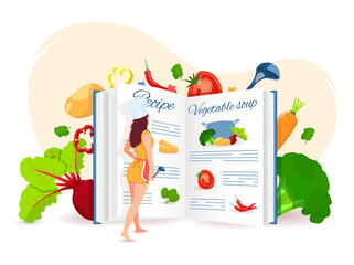 Woman reading the recipe, Recipe book and Vegetables around. Recipes, homemade food, food preparation, learning concept. Isolated vector illustration for flyer, poster, banner.