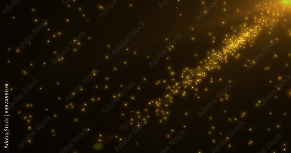 Poster new year and christmas 2021 background. abstract motion background shining gold particles with lens 