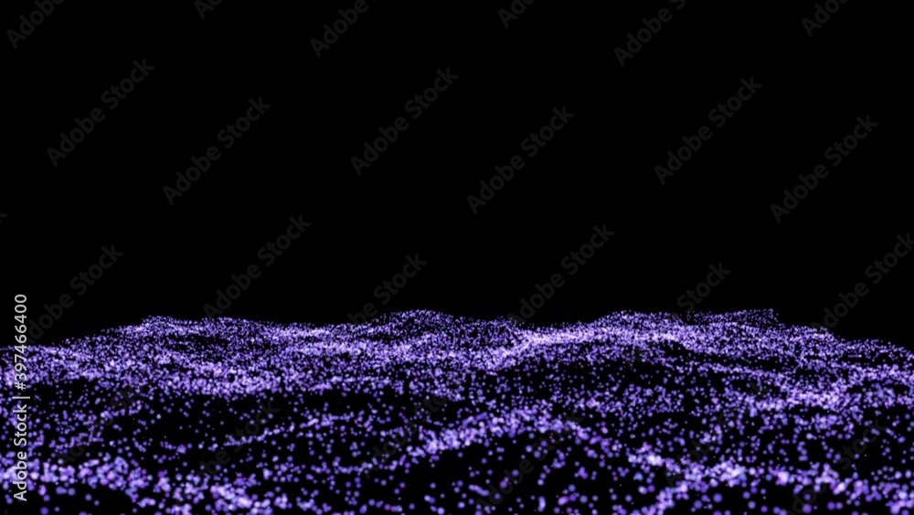 Poster abstract particles of lilac color in random motion in space on a black background. space ocean surfa