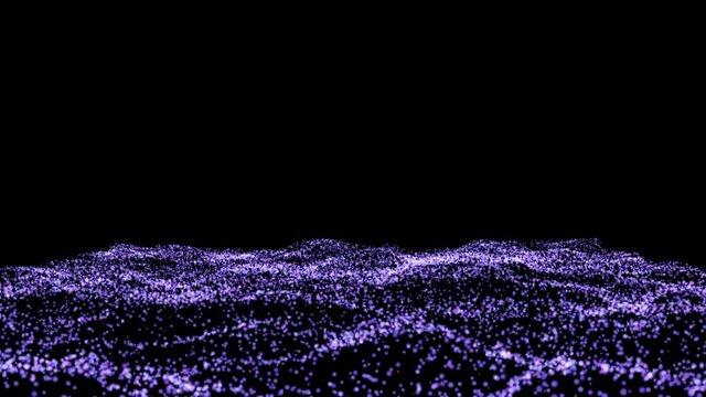 Abstract particles of lilac color in random motion in space on a black background. Space ocean surface, waves. 3d illustration.