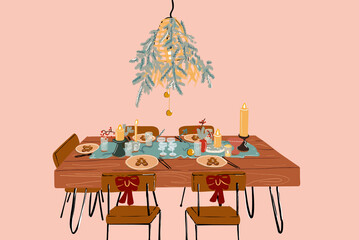 Vector illustration of festively decorated dining table on New Year holidays