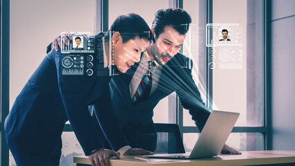 Facial recognition technology scan and detect people face for identification . Future concept interface showing digital biometric security system that analyze human face to verify personal data .