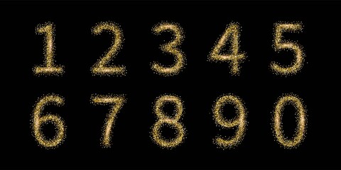 Golden glitter numbers set on black background. Birthday, jubilee or wedding anniversary date template vector illustration. Invitation to celebrate. Shiny number elements